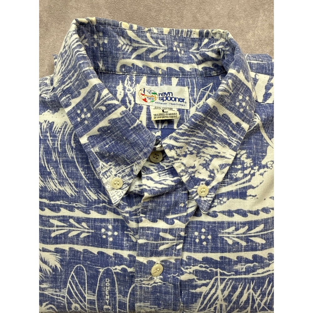 VTG Reyn Spooner Men L Blue White Ski Surf Beach Hawaiian Aloha Button Shirt USA - Picture 15 of 16